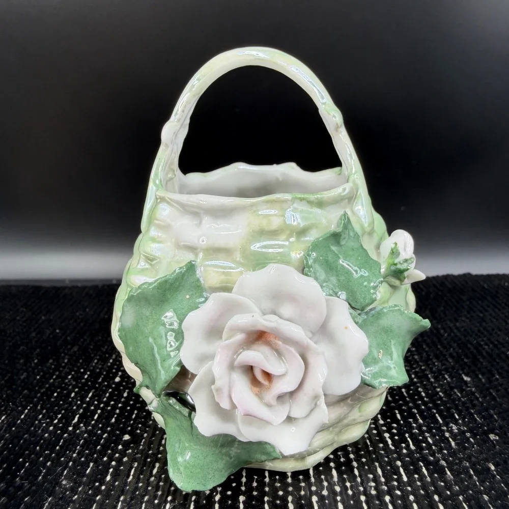 Vintage Germany Miniature Porcelain Flower Basket White Rose Figurine Delicate‎